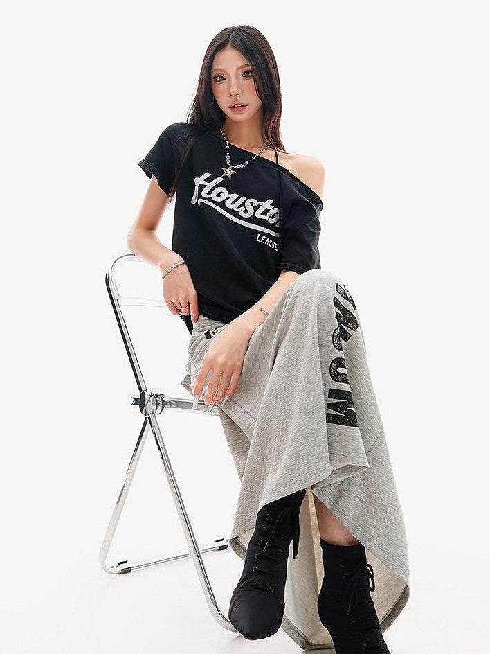 QIUQIU STUDIO Black Letter Print One Shoulder Cropped Women&