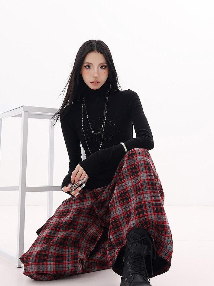 QIUQIU STUDIO Black Rhinestone High Neck Pullover Slim Fit Women&