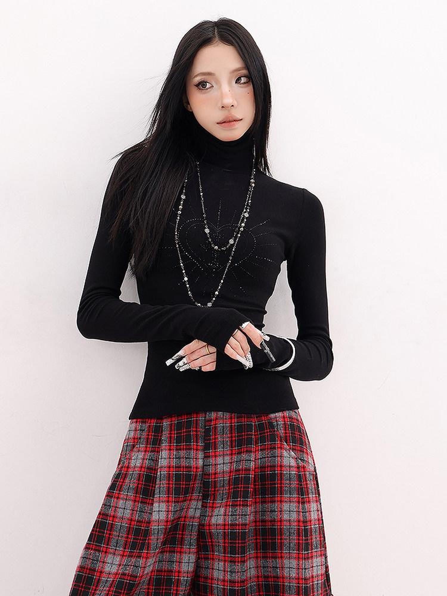 QIUQIU STUDIO Black Rhinestone High Neck Pullover Slim Fit Women&