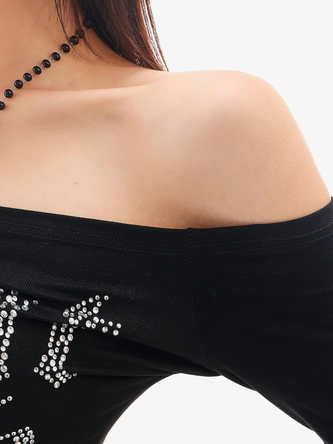 QIUQIU STUDIO Black Rhinestone Letter Off Shoulder Slim Fit Women&