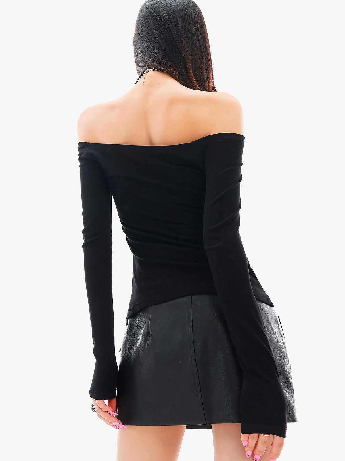 QIUQIU STUDIO Black Rhinestone Letter Off Shoulder Slim Fit Women&