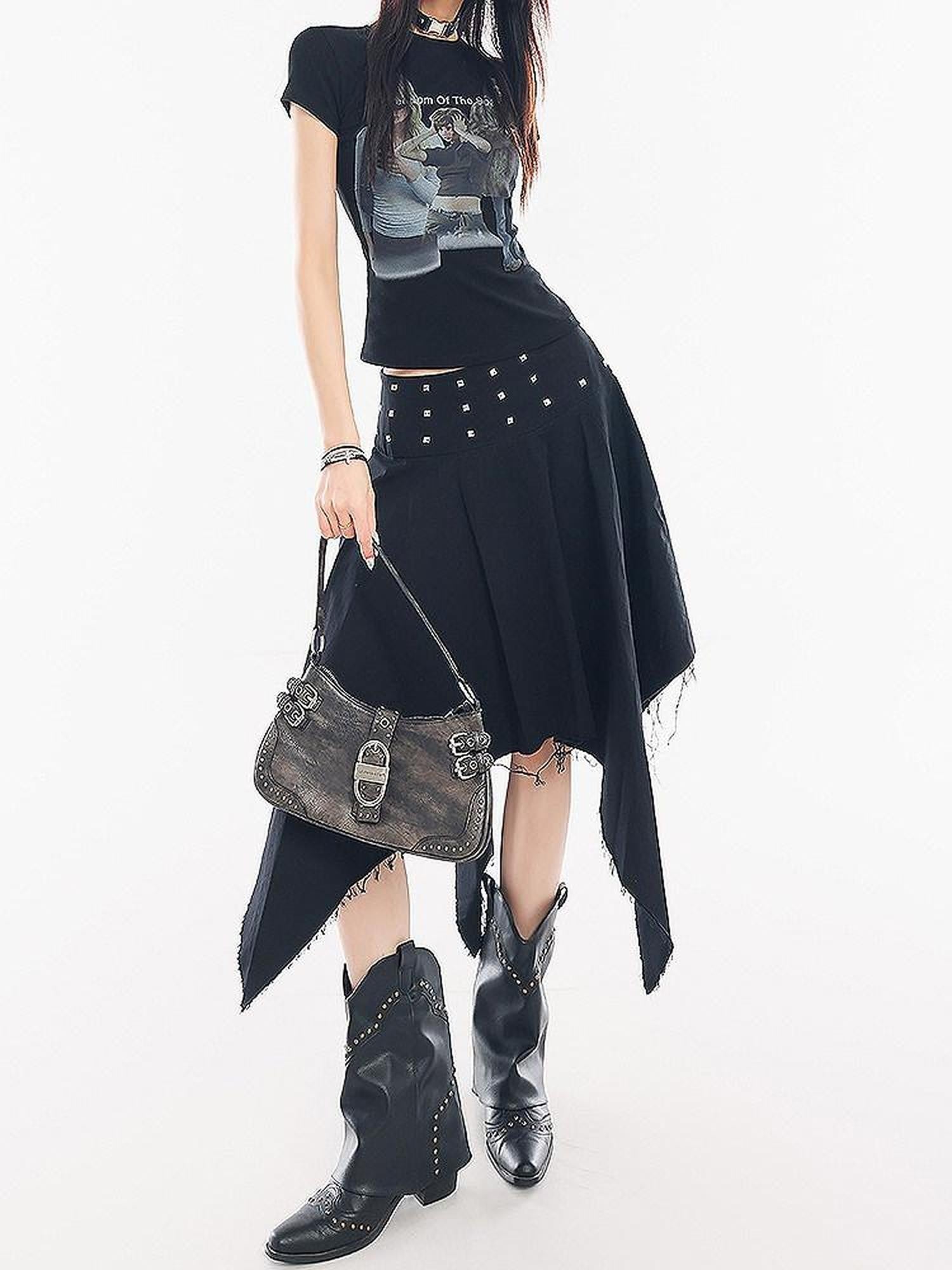 QIUQIU STUDIO Black Studded Asymmetric Pleated A Line Mid Waist Women&
