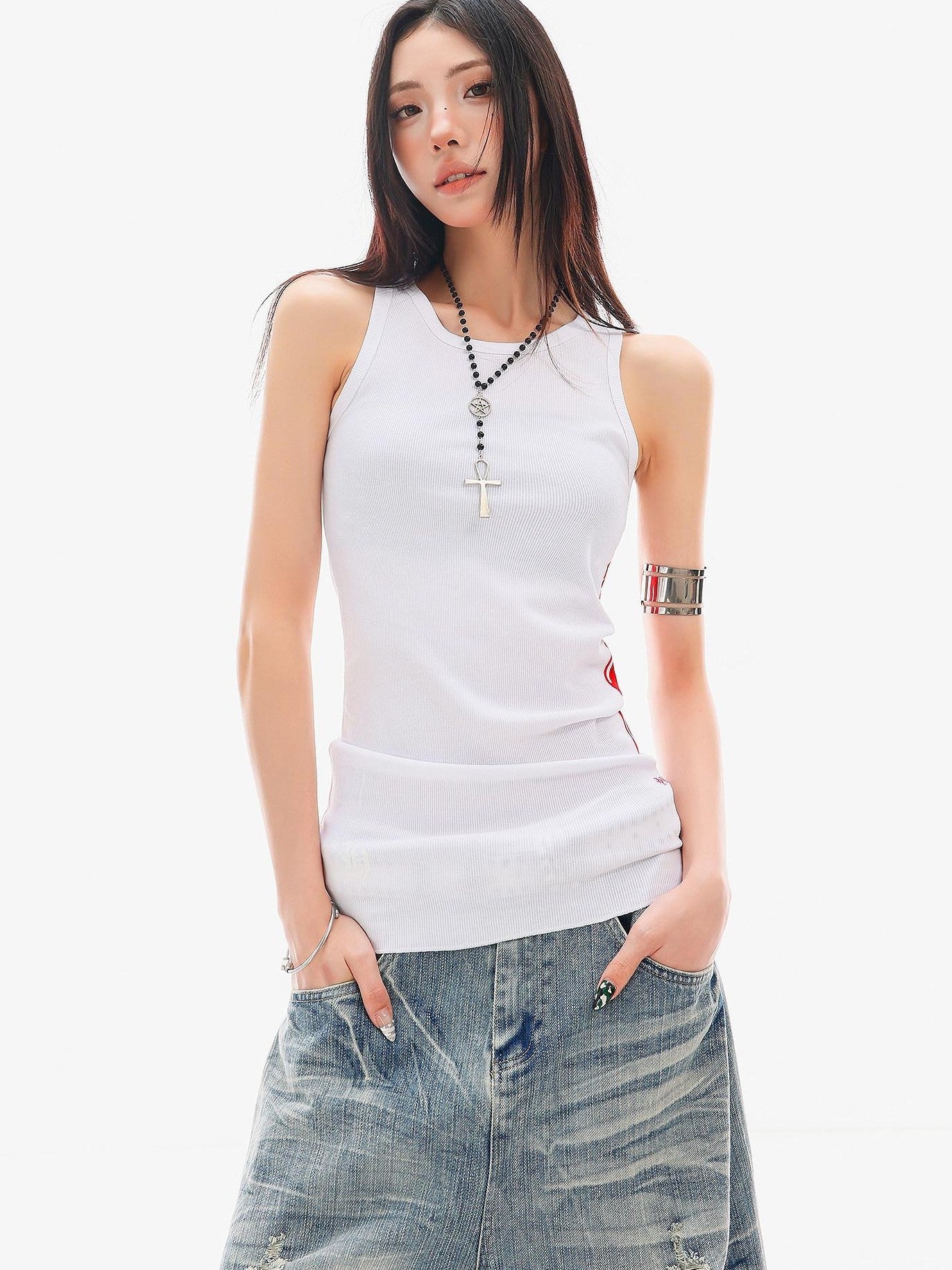 QIUQIU STUDIO Black White Colorblock Printed Knitted Slim Women&