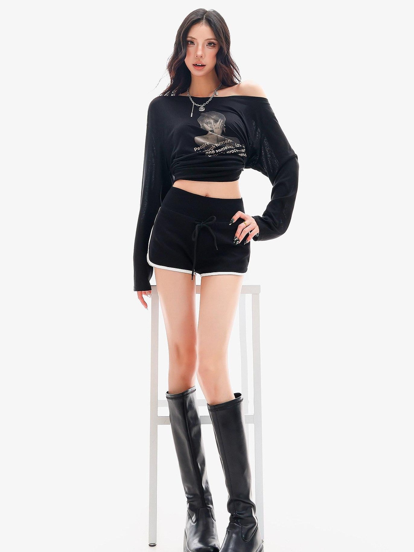 QIUQIU STUDIO Black White Colorblock Wide Leg Pockets Elastic Waist Women&