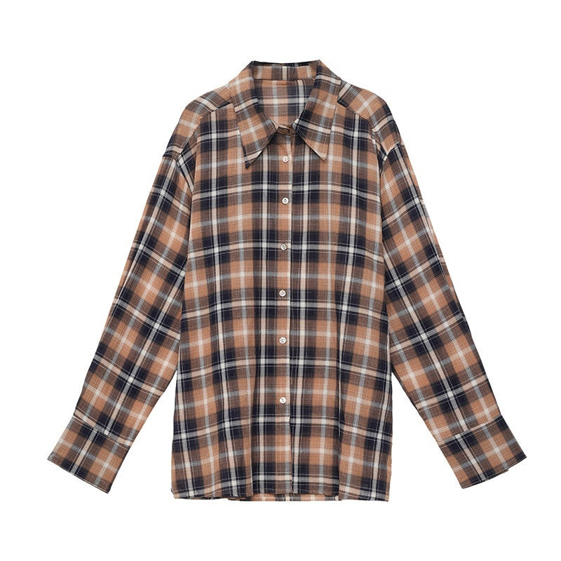 QIUQIU_STUDIO_Blue_Black_Plaid_Contrast_Collar_Cropped_Relaxed_Long_Sleeve_Women&