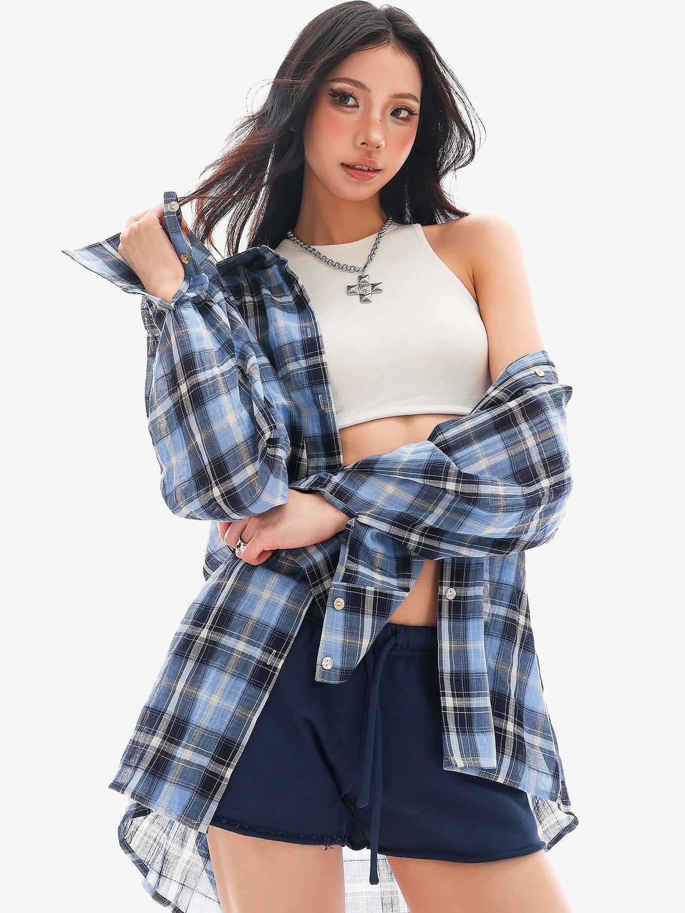 QIUQIU STUDIO Blue Black Plaid Contrast Collar Cropped Relaxed Long Sleeve Women&