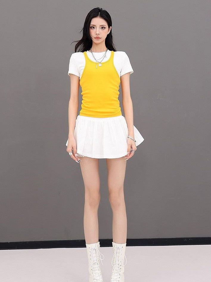 QIUQIU STUDIO Blue Lace Patchwork A Line Tulip Elastic Waist Women&