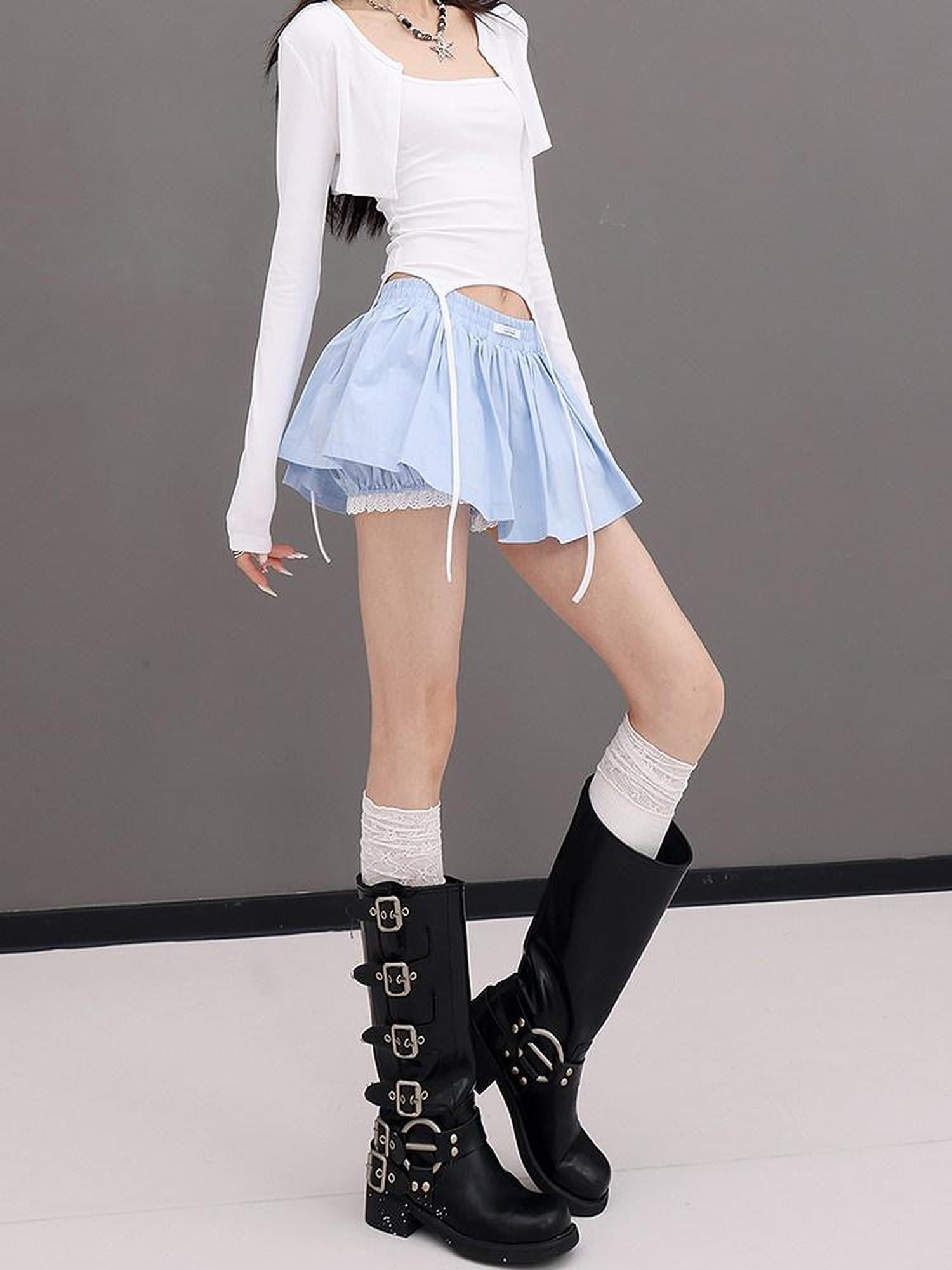 QIUQIU STUDIO Blue Lace Patchwork A Line Tulip Elastic Waist Women&