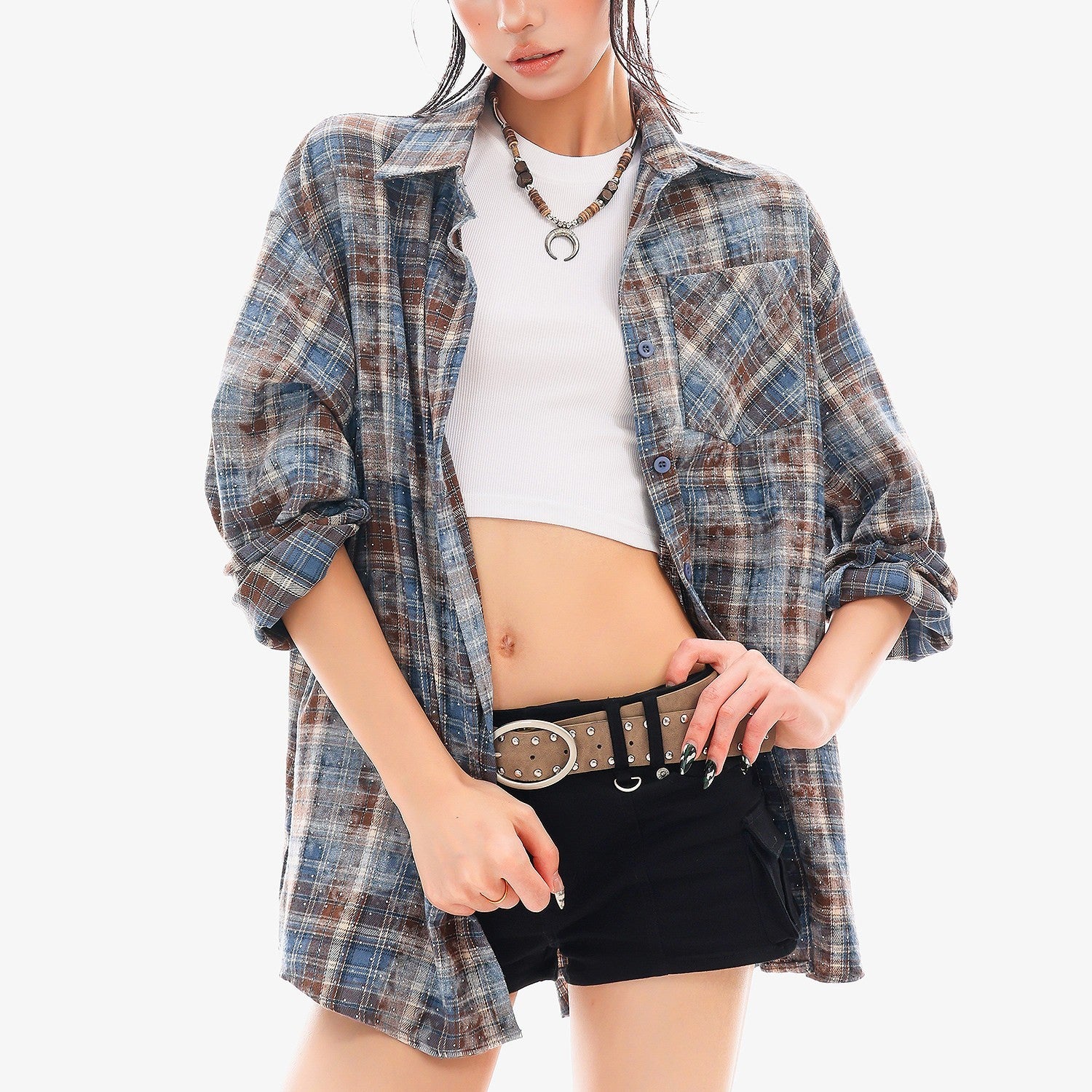 QIUQIU_STUDIO_Blue_Plaid_Hotfix_Rhinestone_Long_Sleeve_Cinched_Cuff_Women&