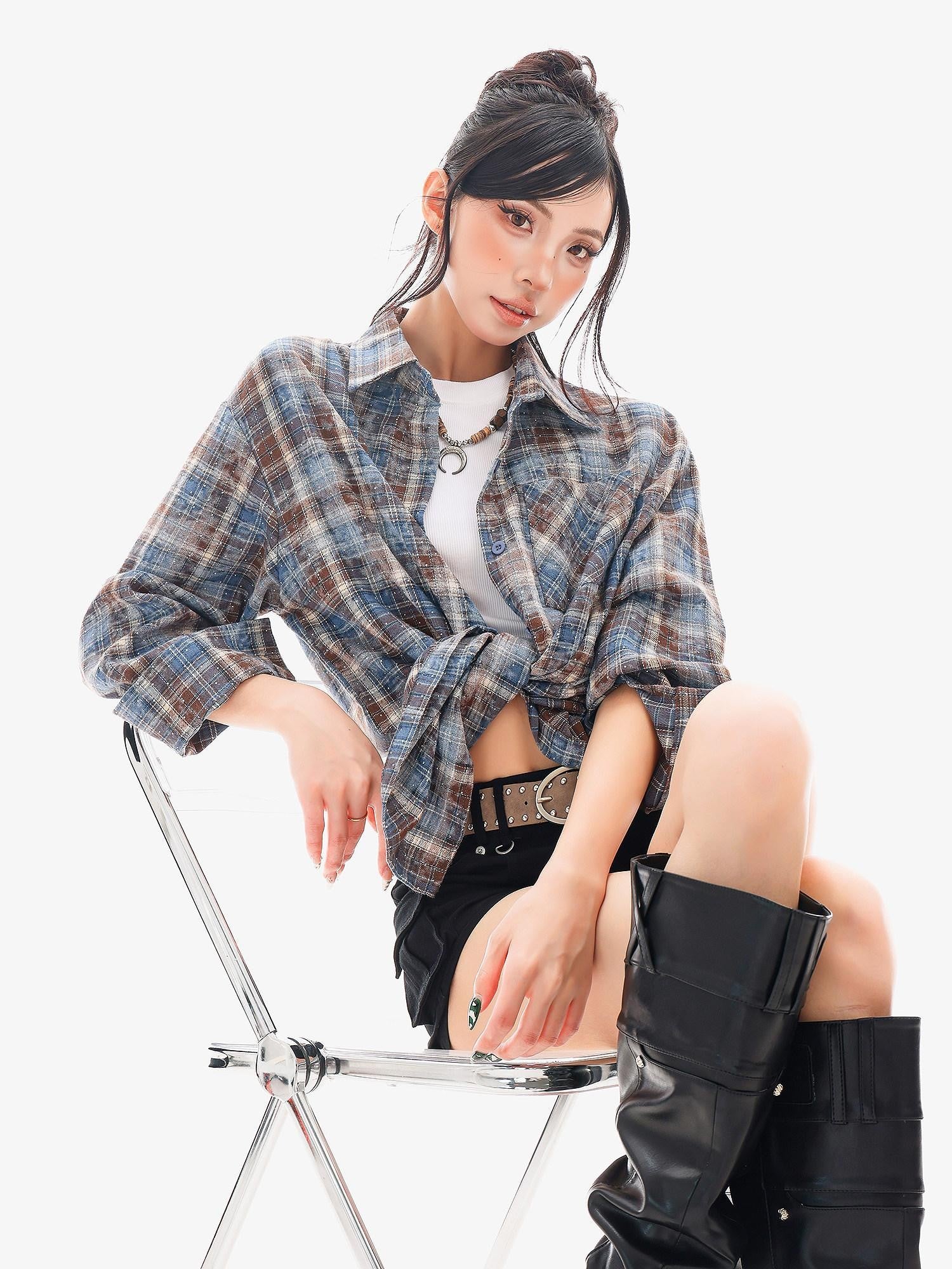 QIUQIU STUDIO Blue Plaid Hotfix Rhinestone Long Sleeve Cinched Cuff Women&
