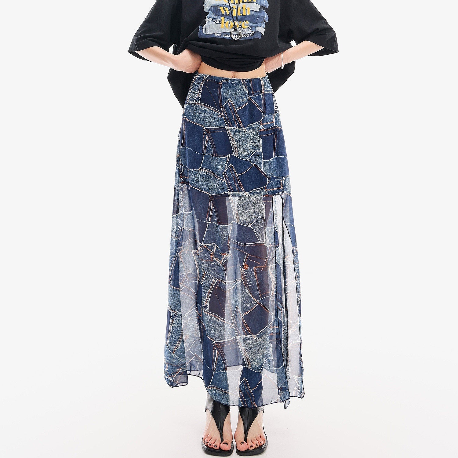 QIUQIU_STUDIO_Blue_Side_Slit_Elastic_Waist_Pencil_Lined_Women&