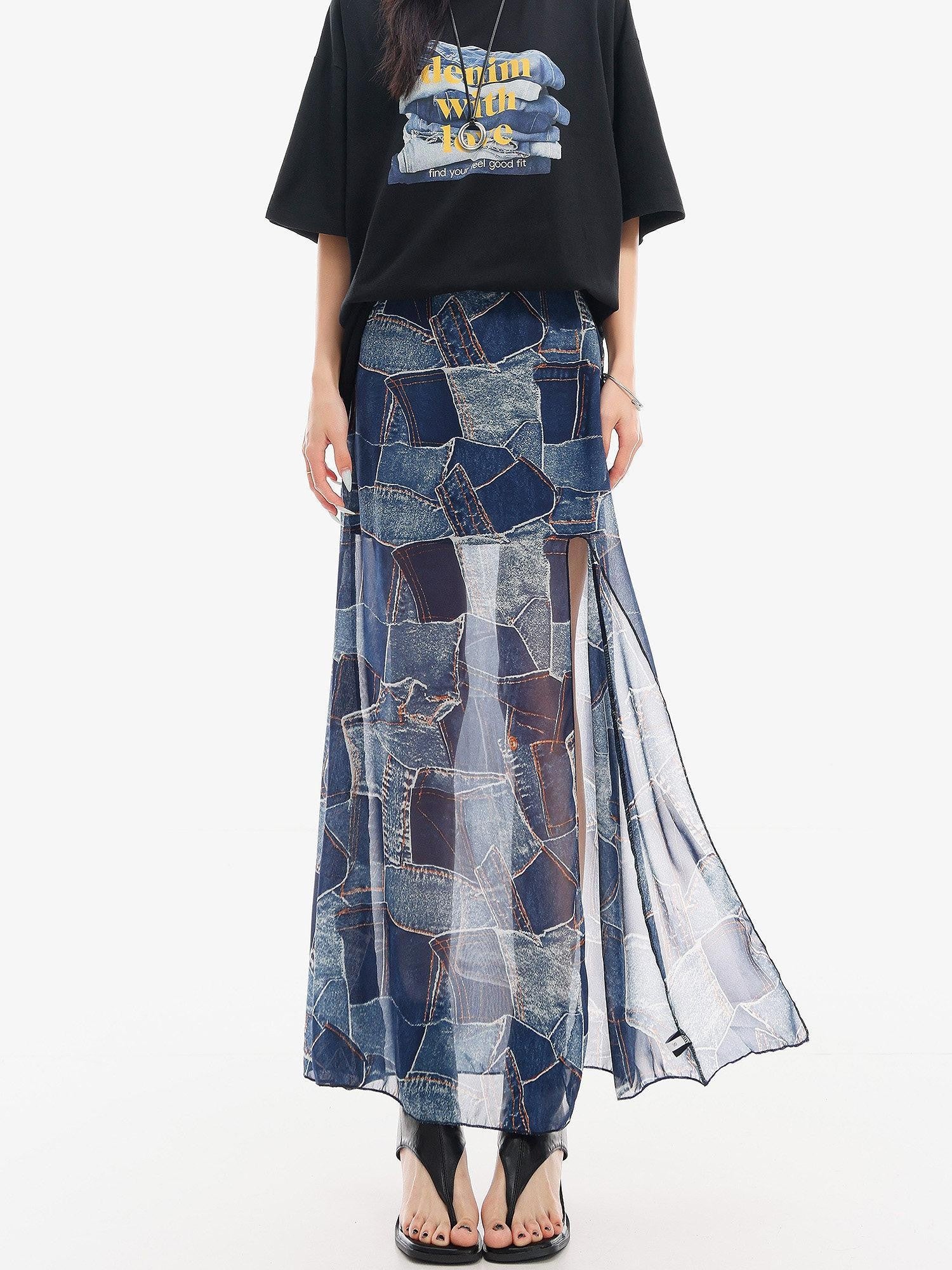 QIUQIU STUDIO Blue Side Slit Elastic Waist Pencil Lined Women&