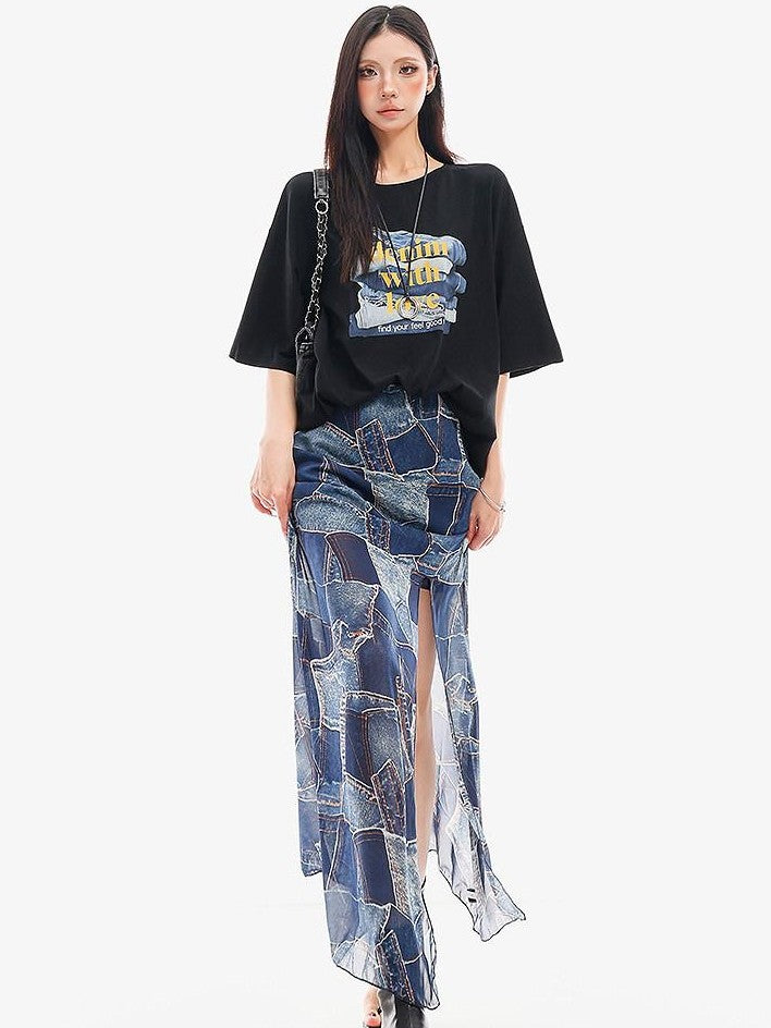 QIUQIU STUDIO Blue Side Slit Elastic Waist Pencil Lined Women&