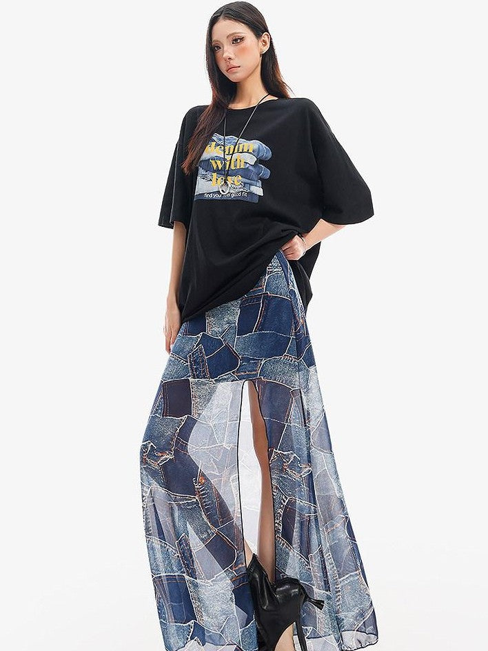QIUQIU STUDIO Blue Side Slit Elastic Waist Pencil Lined Women&