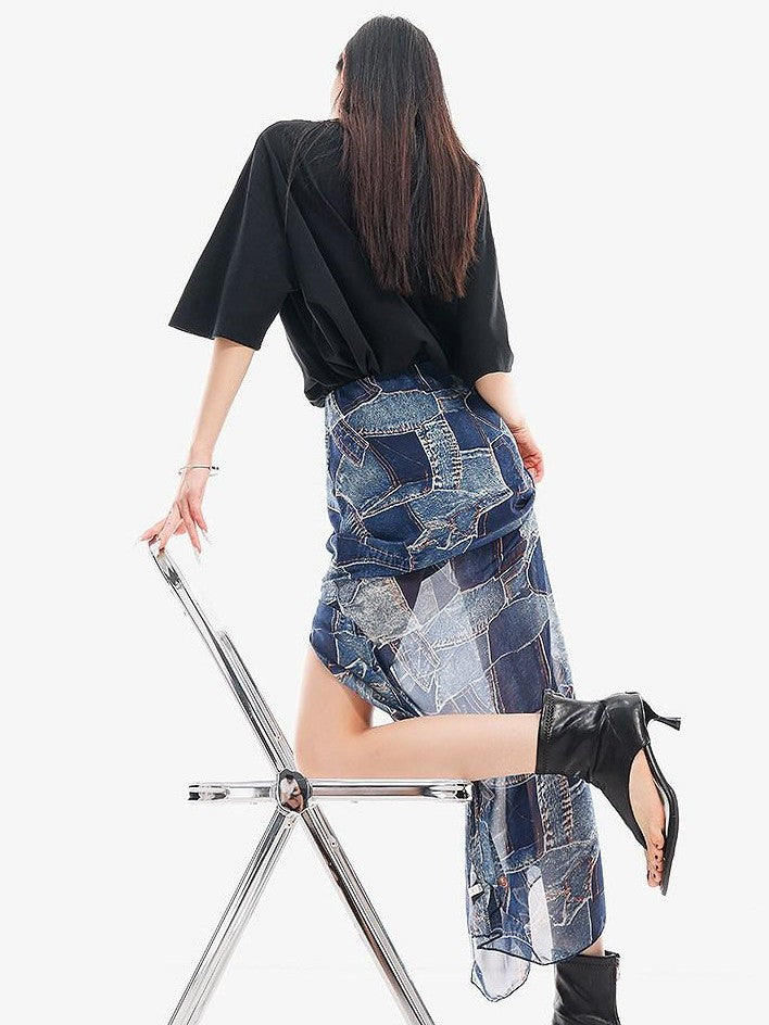 QIUQIU STUDIO Blue Side Slit Elastic Waist Pencil Lined Women&