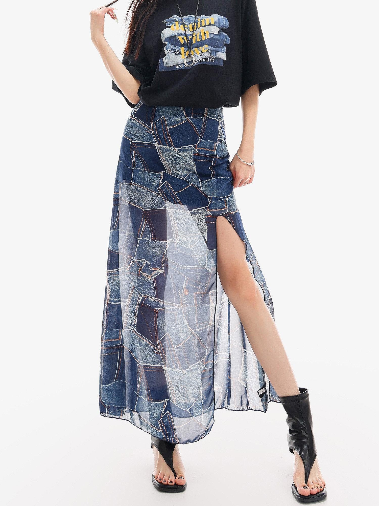 QIUQIU STUDIO Blue Side Slit Elastic Waist Pencil Lined Women&