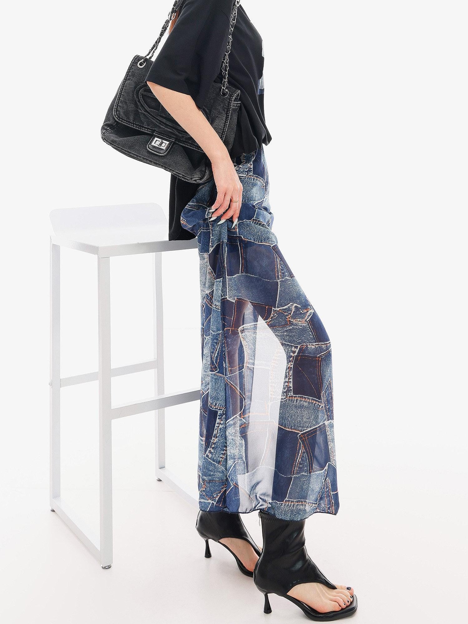 QIUQIU STUDIO Blue Side Slit Elastic Waist Pencil Lined Women&