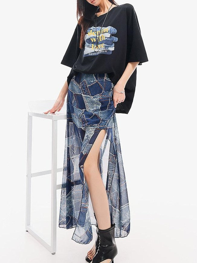 QIUQIU STUDIO Blue Side Slit Elastic Waist Pencil Lined Women&