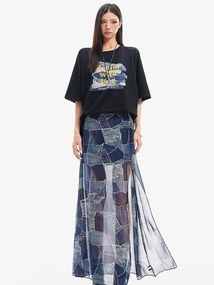 QIUQIU STUDIO Blue Side Slit Elastic Waist Pencil Lined Women&