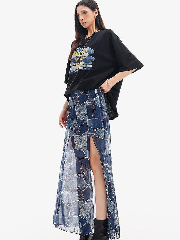 QIUQIU STUDIO Blue Side Slit Elastic Waist Pencil Lined Women&