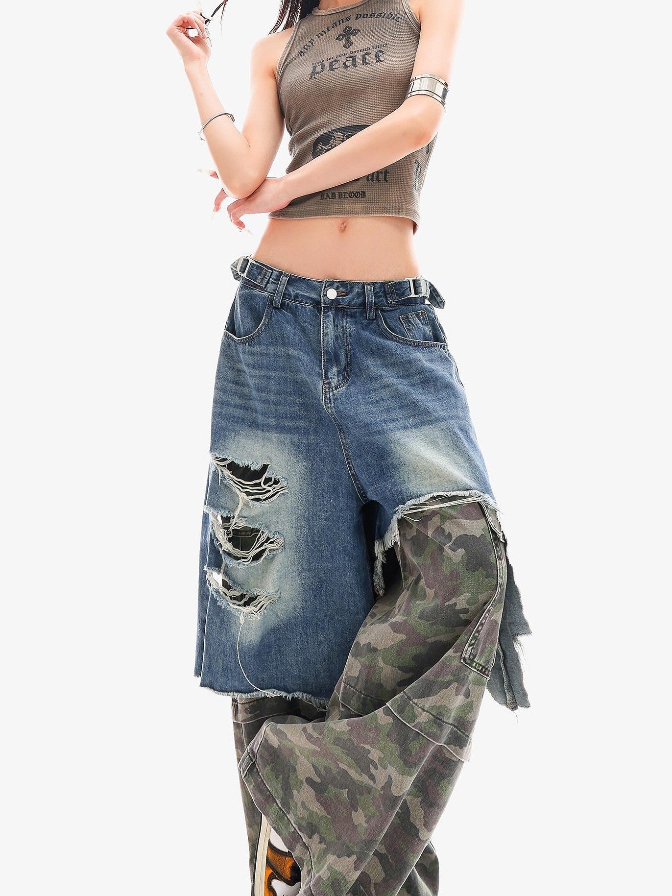 QIUQIU STUDIO Camo Ripped Patchwork Faux Two Piece Tall Women&