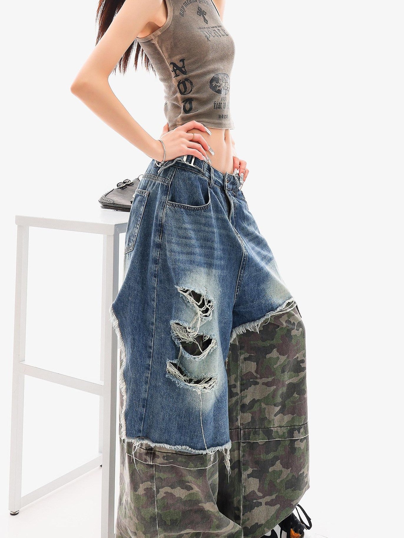 QIUQIU STUDIO Camo Ripped Patchwork Faux Two Piece Tall Women&