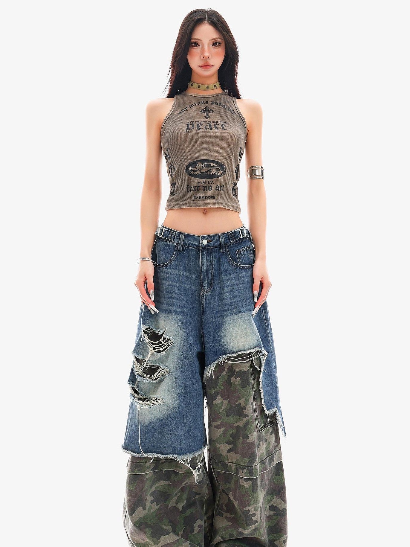 QIUQIU STUDIO Camo Ripped Patchwork Faux Two Piece Tall Women&