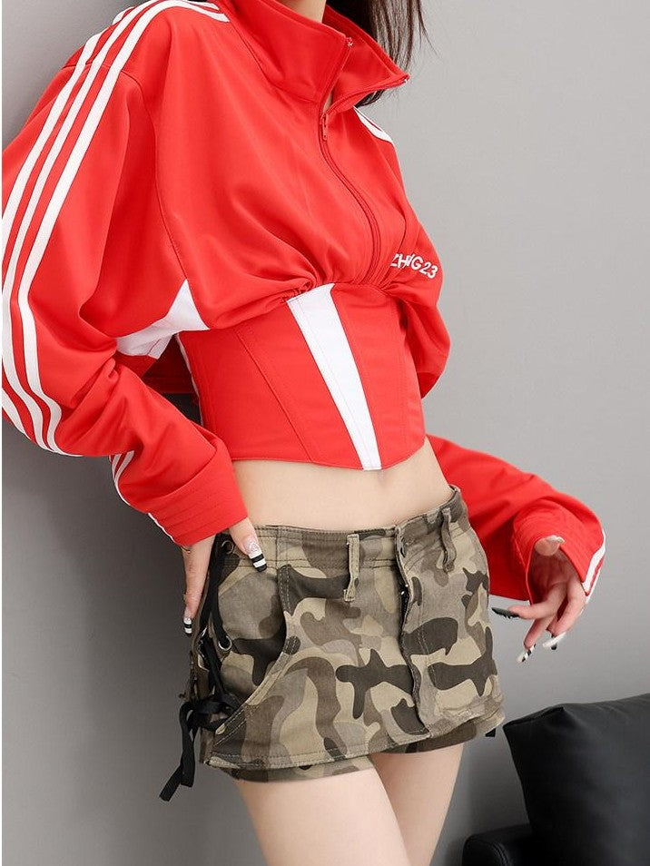 QIUQIU STUDIO Camouflage A Line Mid Waist Pocket Slim Casual Women&