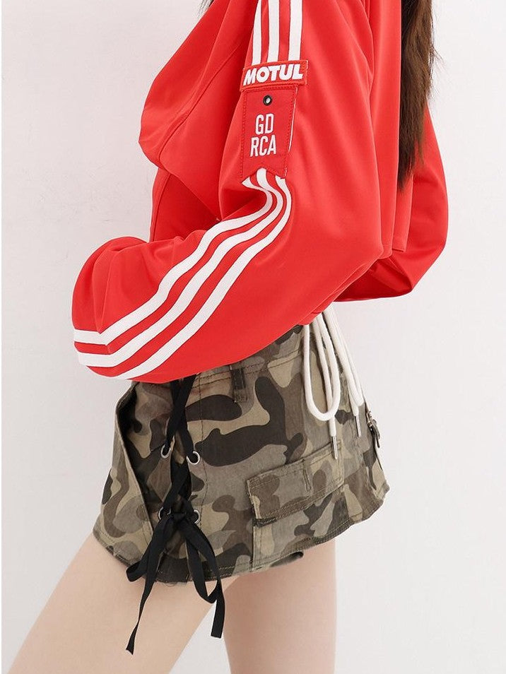 QIUQIU STUDIO Camouflage A Line Mid Waist Pocket Slim Casual Women&