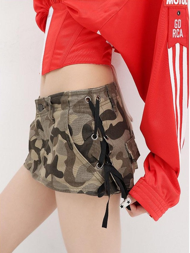 QIUQIU STUDIO Camouflage A Line Mid Waist Pocket Slim Casual Women&