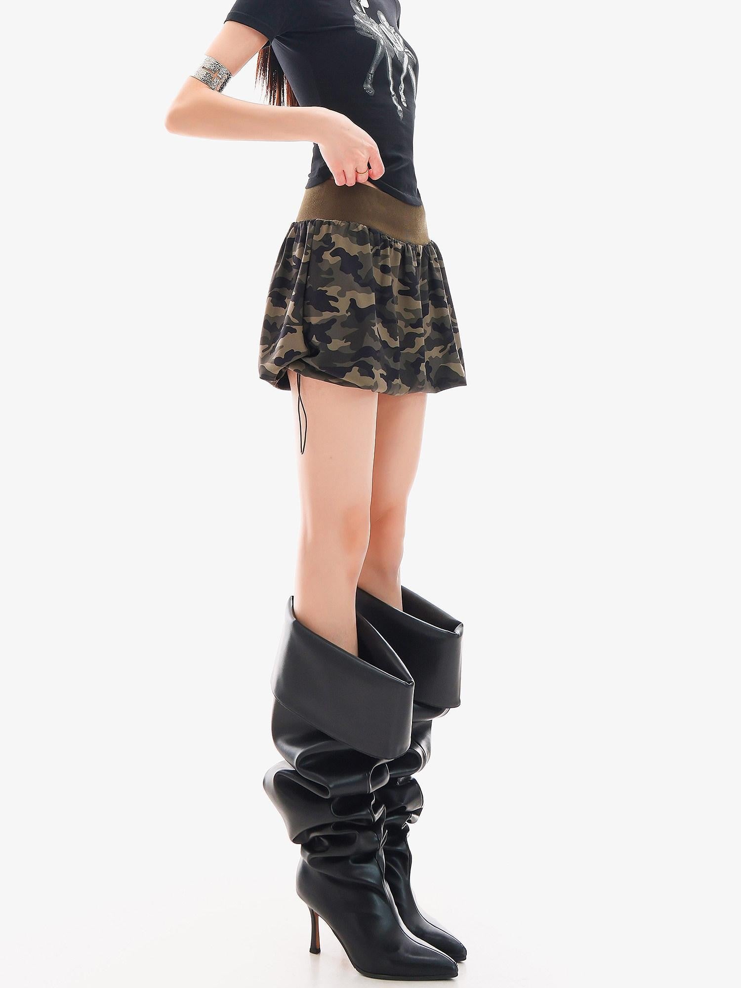 QIUQIU STUDIO Camouflage Patchwork Drawstring Elastic Waist Peplum Slim Women&