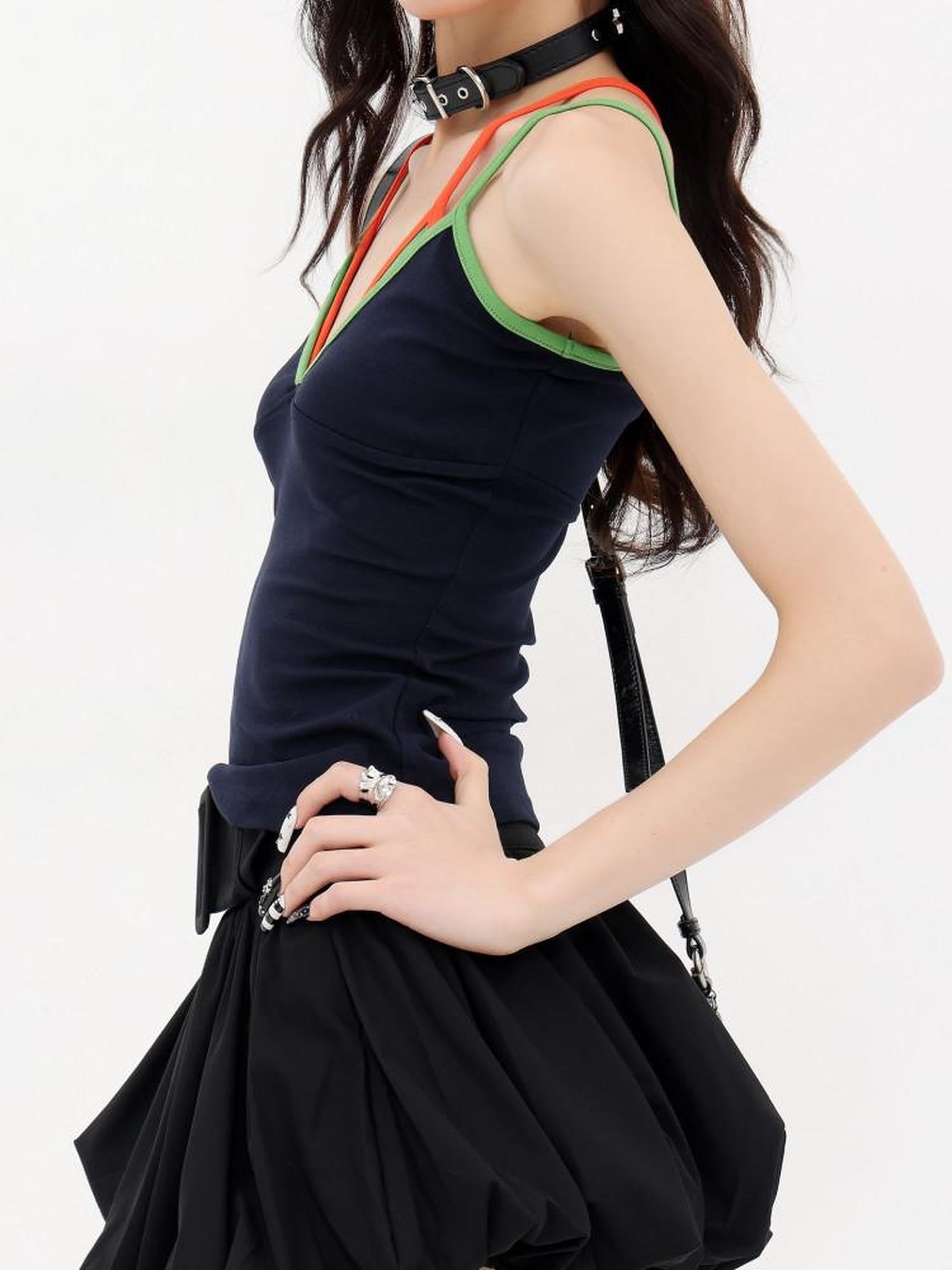 QIUQIU STUDIO Colorblock Faux Two Piece Slim Fit Halter Neck Women&