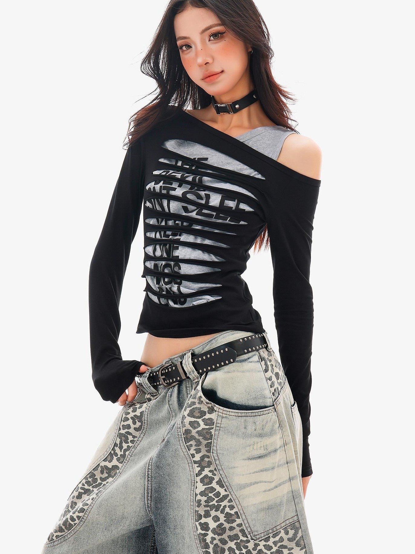 QIUQIU STUDIO Colorblock Patchwork Distressed Off Shoulder Women&