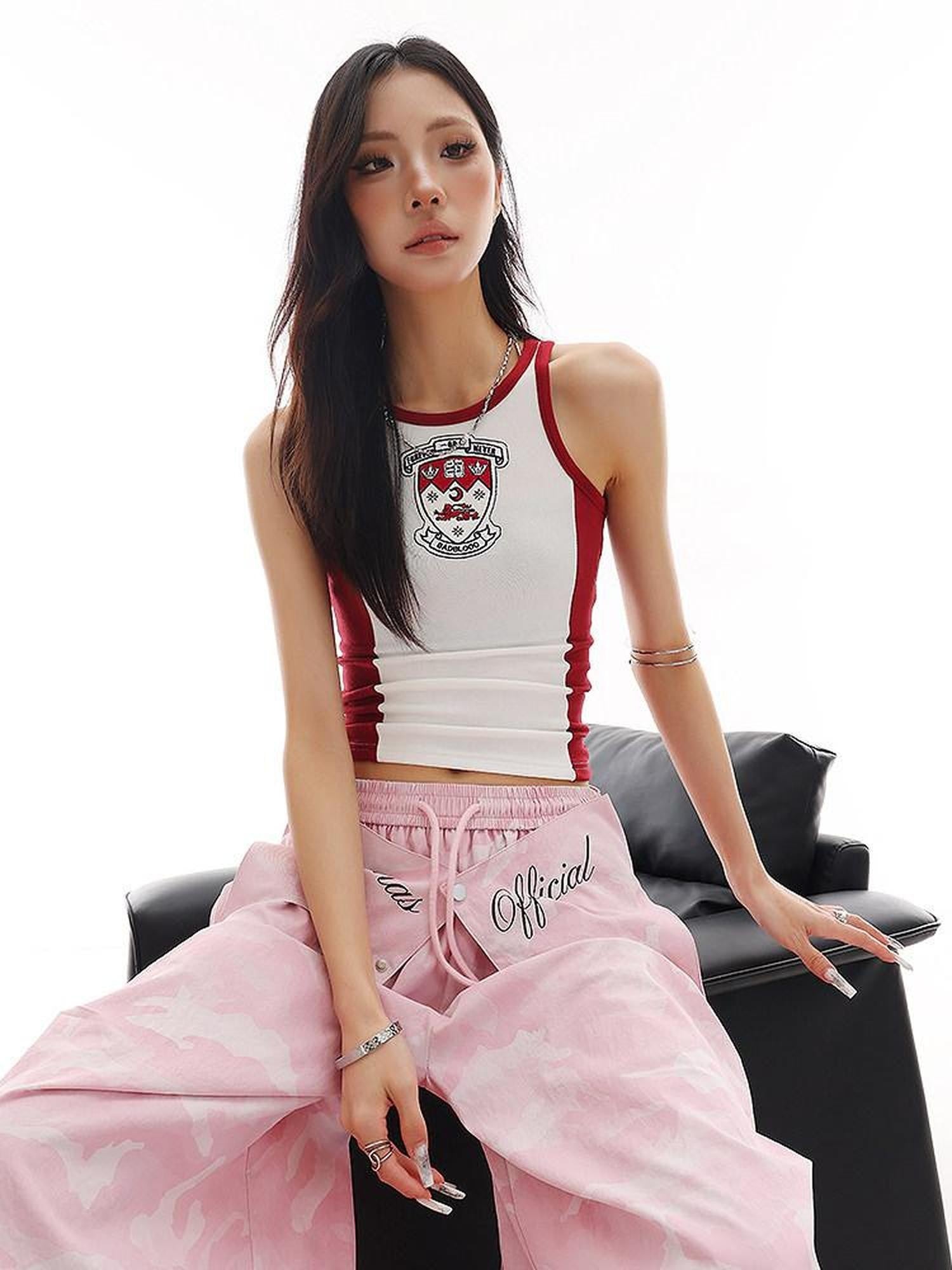QIUQIU STUDIO Colorblock Print Patchwork Cropped Slimfit Crewneck Women&