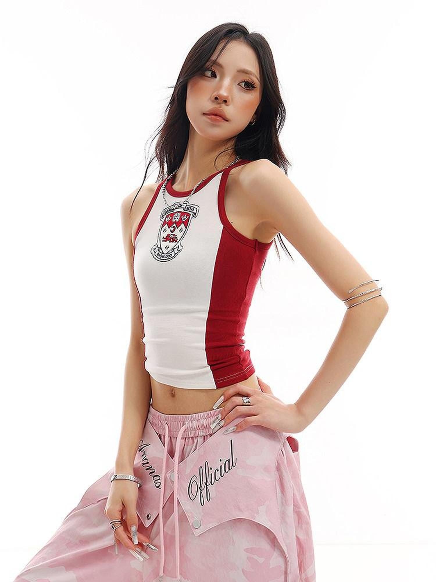 QIUQIU STUDIO Colorblock Print Patchwork Cropped Slimfit Crewneck Women&