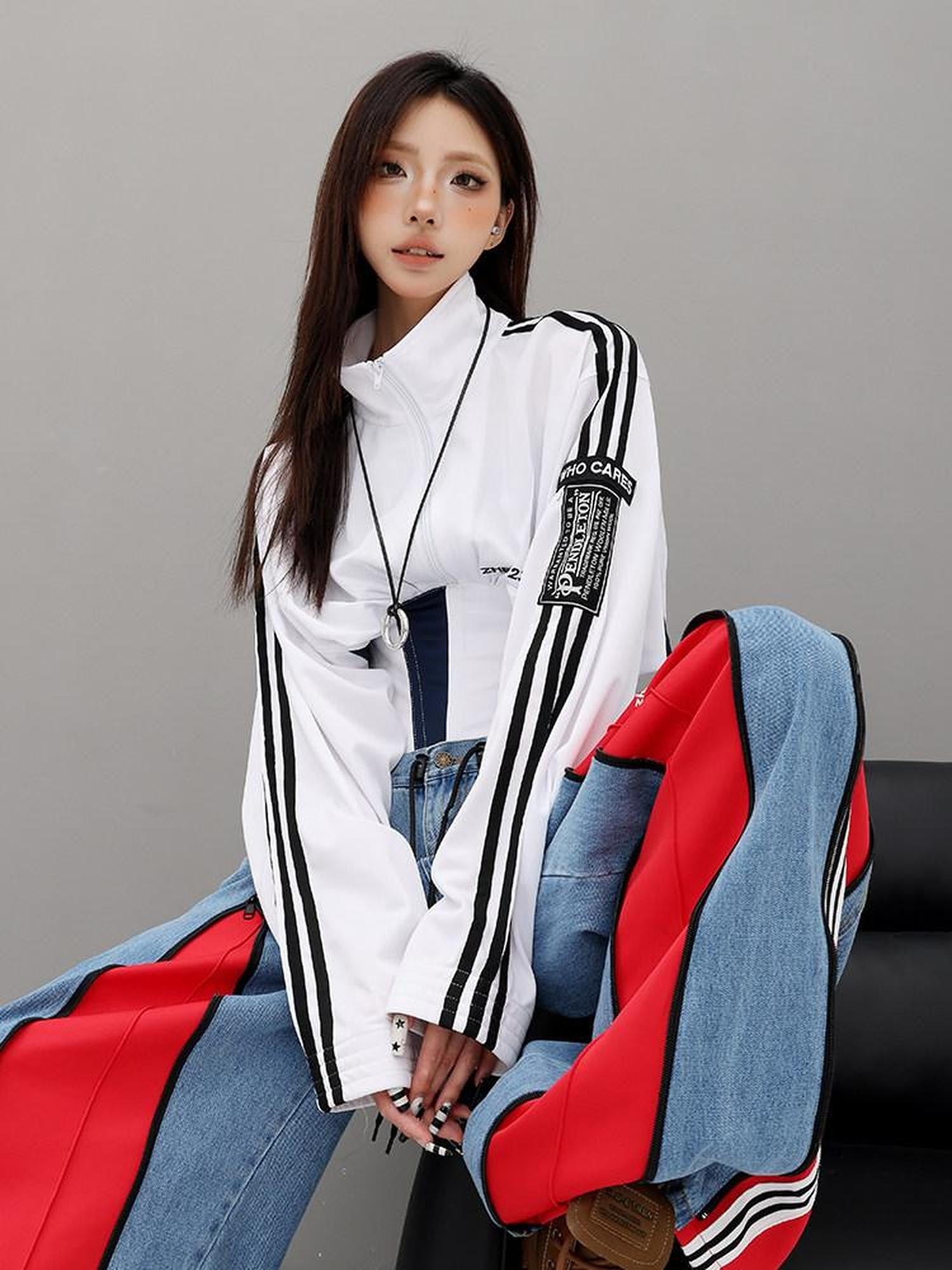 QIUQIU STUDIO Contrast Panel Stand Collar Waist Tie Zip Cropped Women&