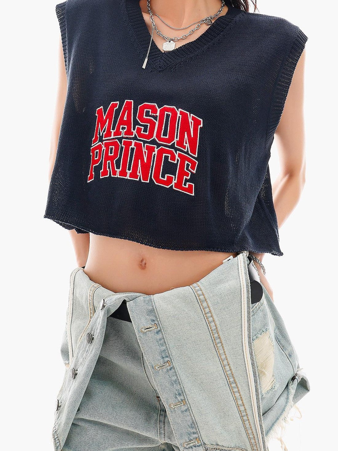 QIUQIU STUDIO Cropped V-neck Letter Print Knitted Sexy Loose Women&
