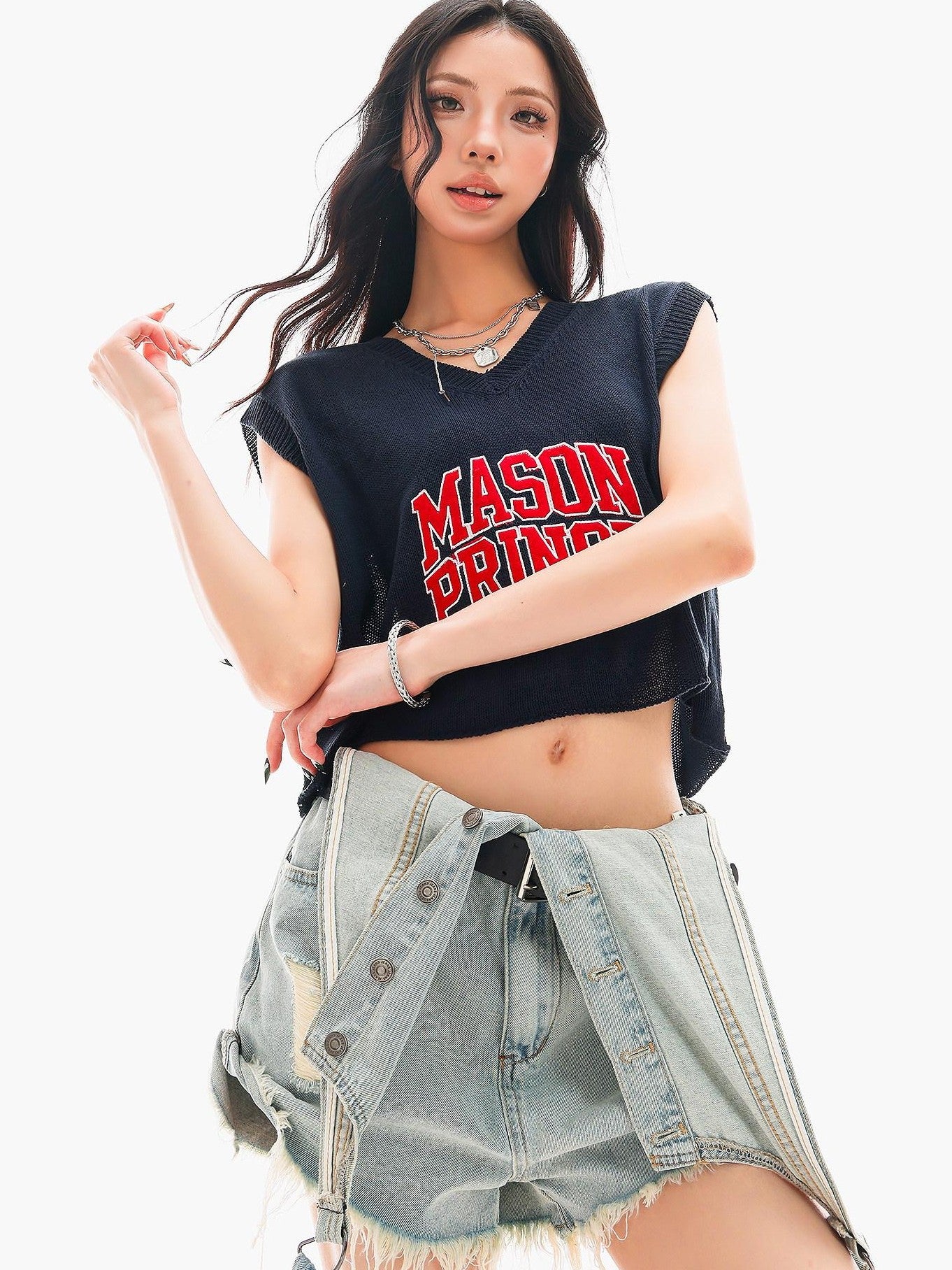 QIUQIU STUDIO Cropped V-neck Letter Print Knitted Sexy Loose Women&