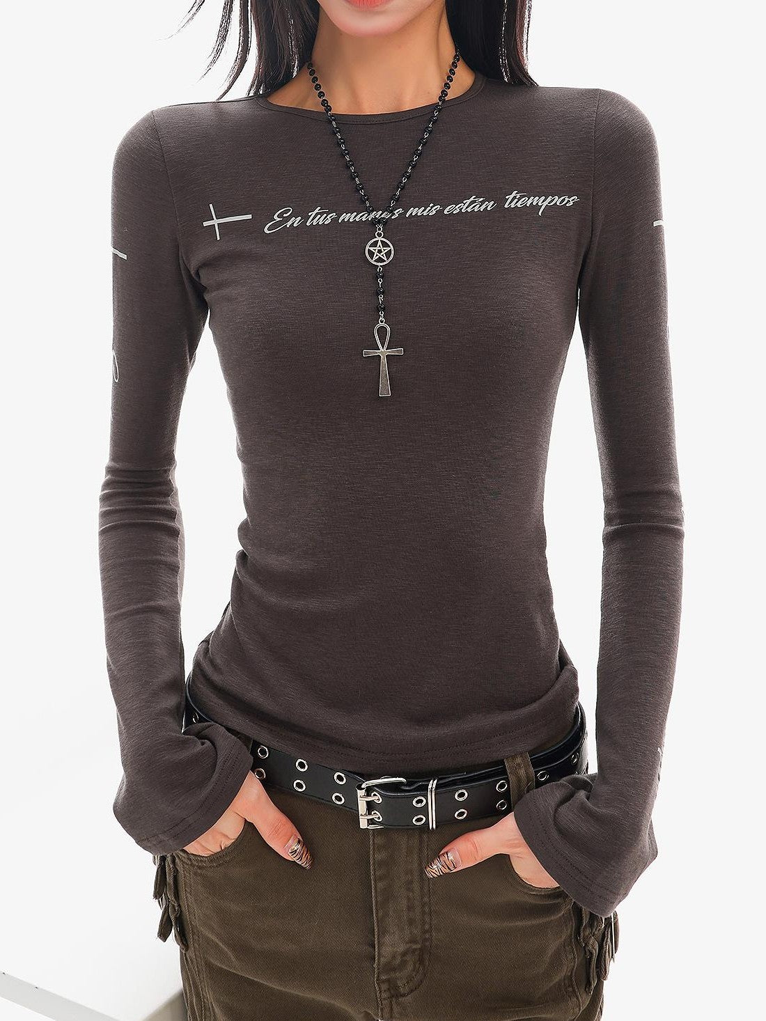 QIUQIU STUDIO Dark Grey Letter Print Casual Round Neck Women&