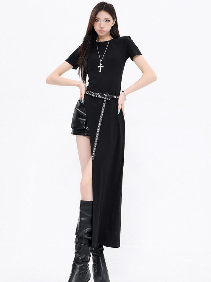 QIUQIU STUDIO Elegant Round Neck Side Slit Waist Cinching Slim Fit Women&