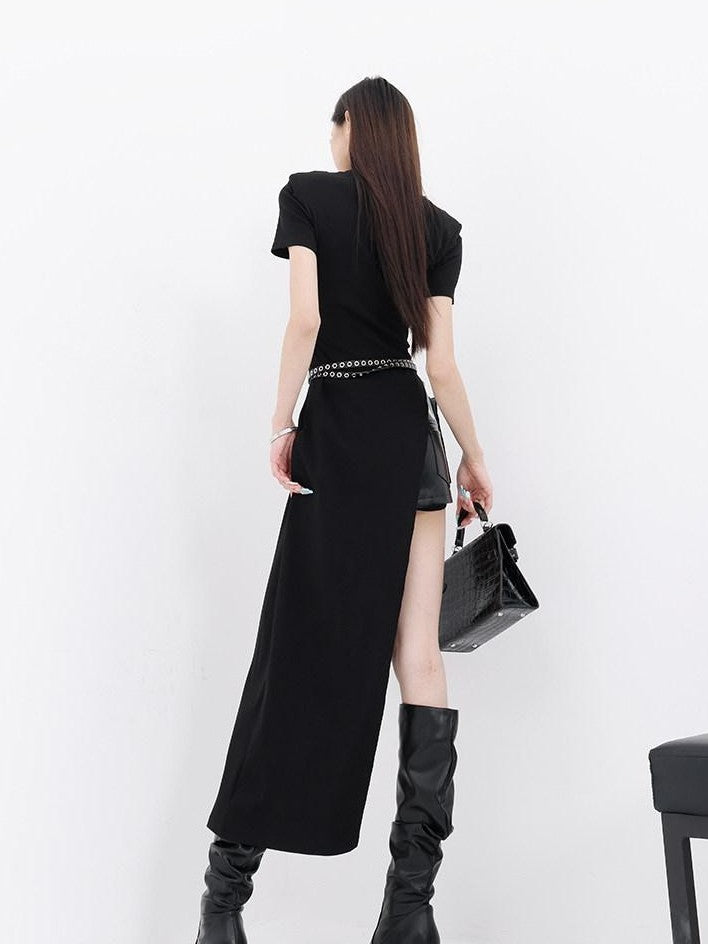 QIUQIU STUDIO Elegant Round Neck Side Slit Waist Cinching Slim Fit Women&