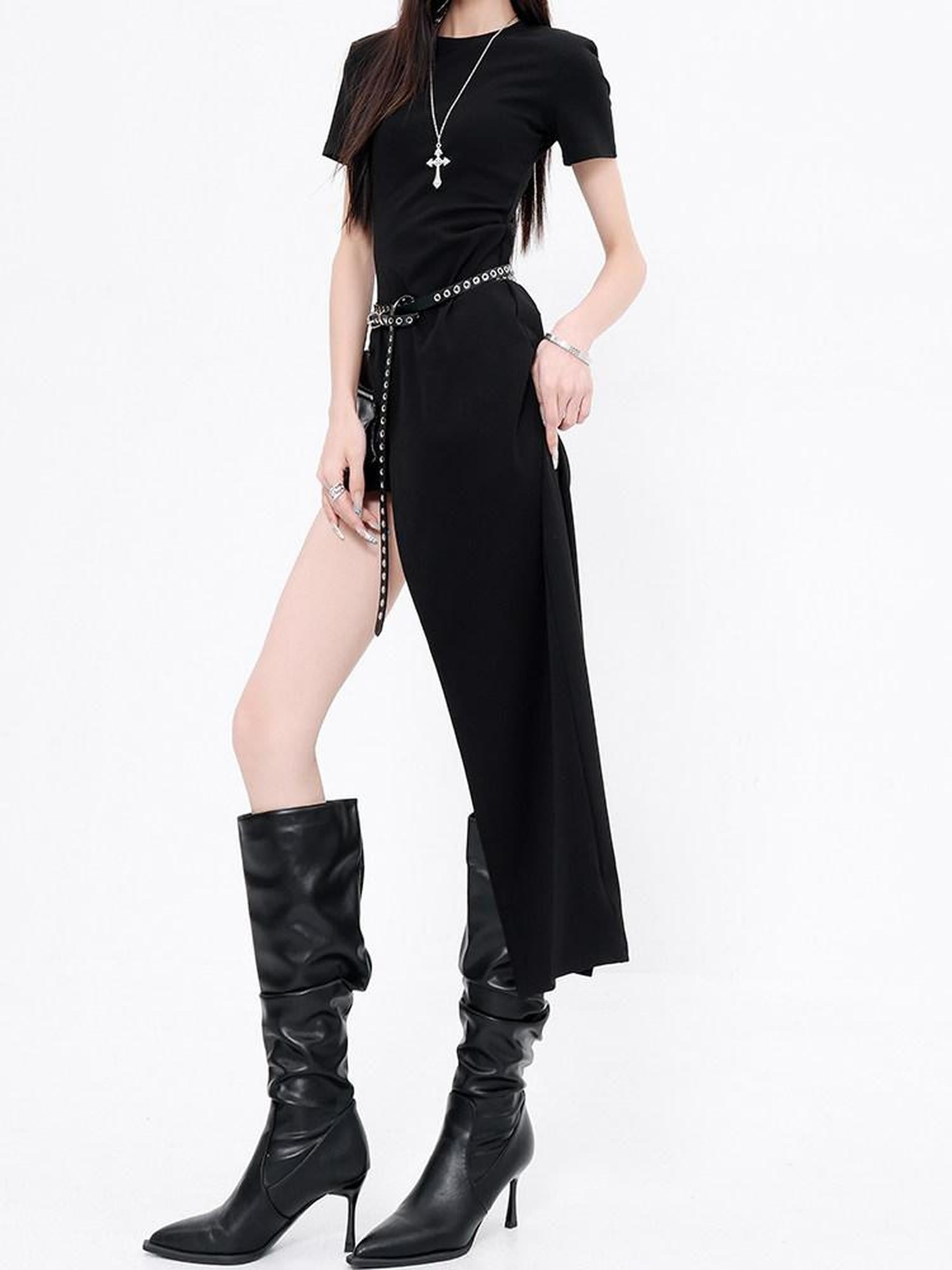 QIUQIU STUDIO Elegant Round Neck Side Slit Waist Cinching Slim Fit Women&