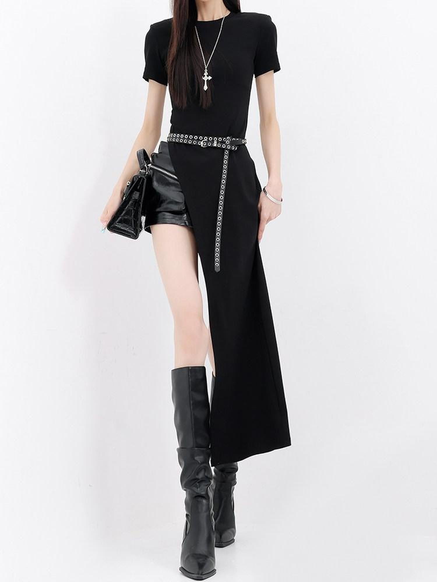 QIUQIU STUDIO Elegant Round Neck Side Slit Waist Cinching Slim Fit Women&
