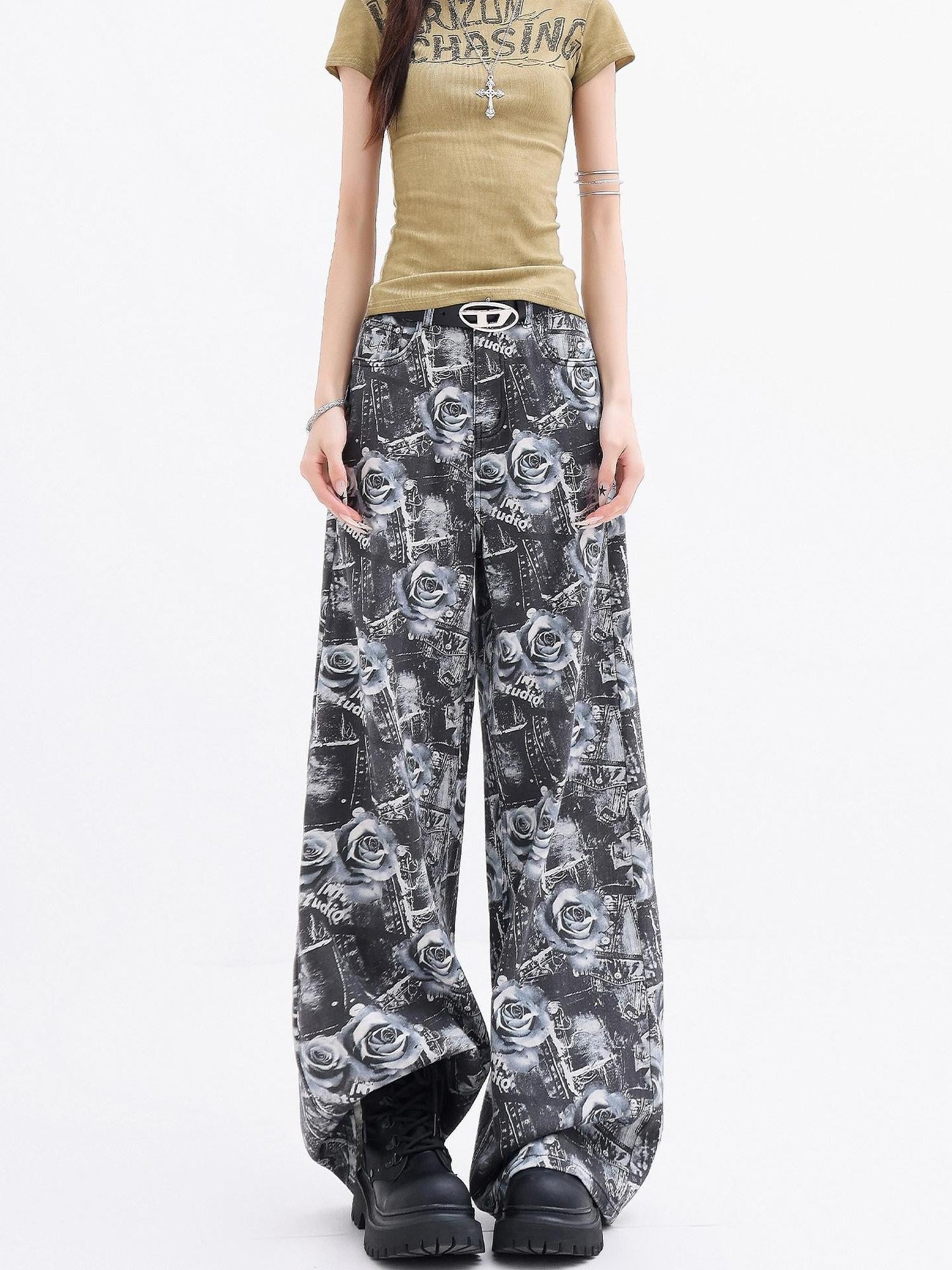 QIUQIU STUDIO Extra Long Digital Rose Print Pockets Natural Waist Women&