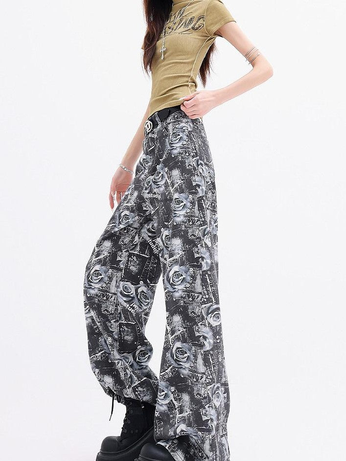 QIUQIU STUDIO Extra Long Digital Rose Print Pockets Natural Waist Women&