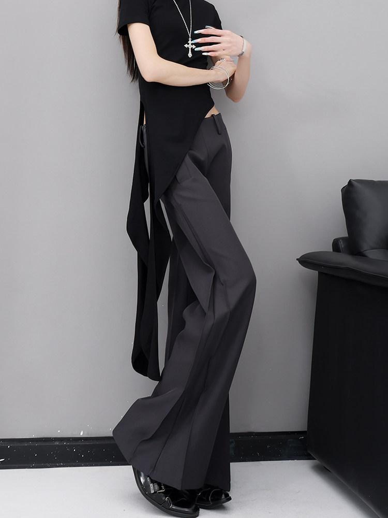 QIUQIU STUDIO Extra Long Pressed Pleats Low Waist Drapey Pocket Women&