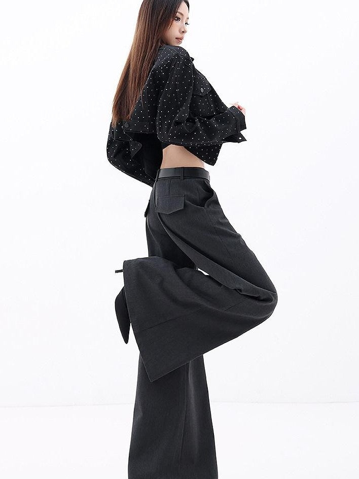 QIUQIU STUDIO Extra Long Slight Flare Loose Zipper Fly Solid Women&