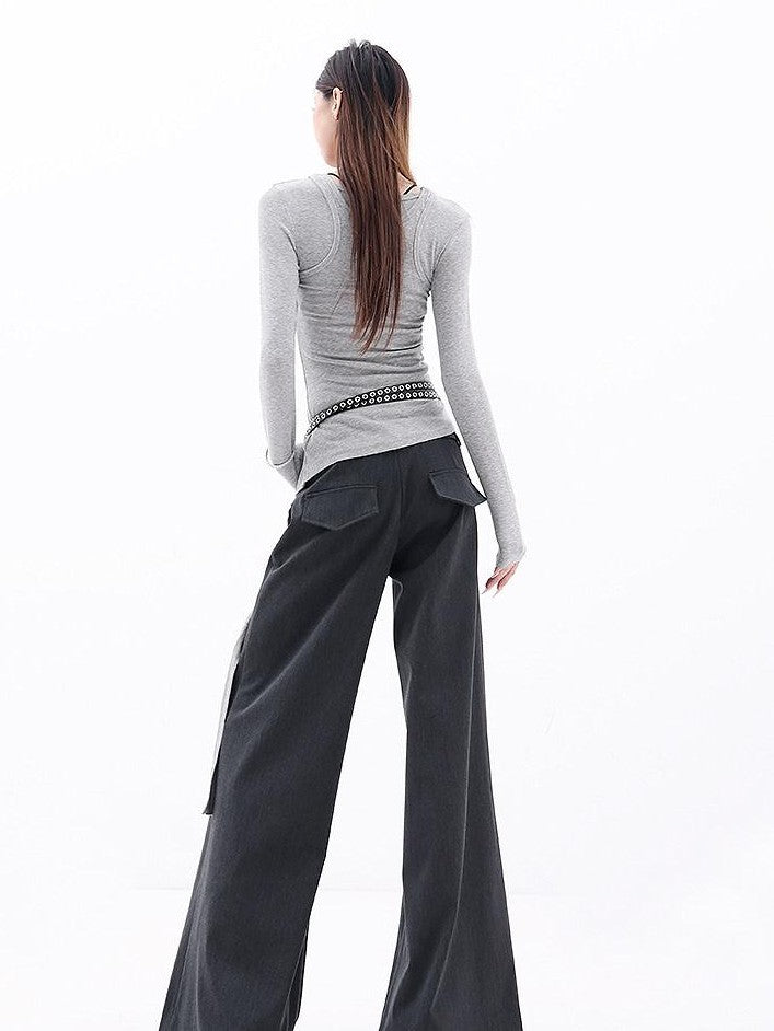 QIUQIU STUDIO Extra Long Slight Flare Loose Zipper Fly Solid Women&