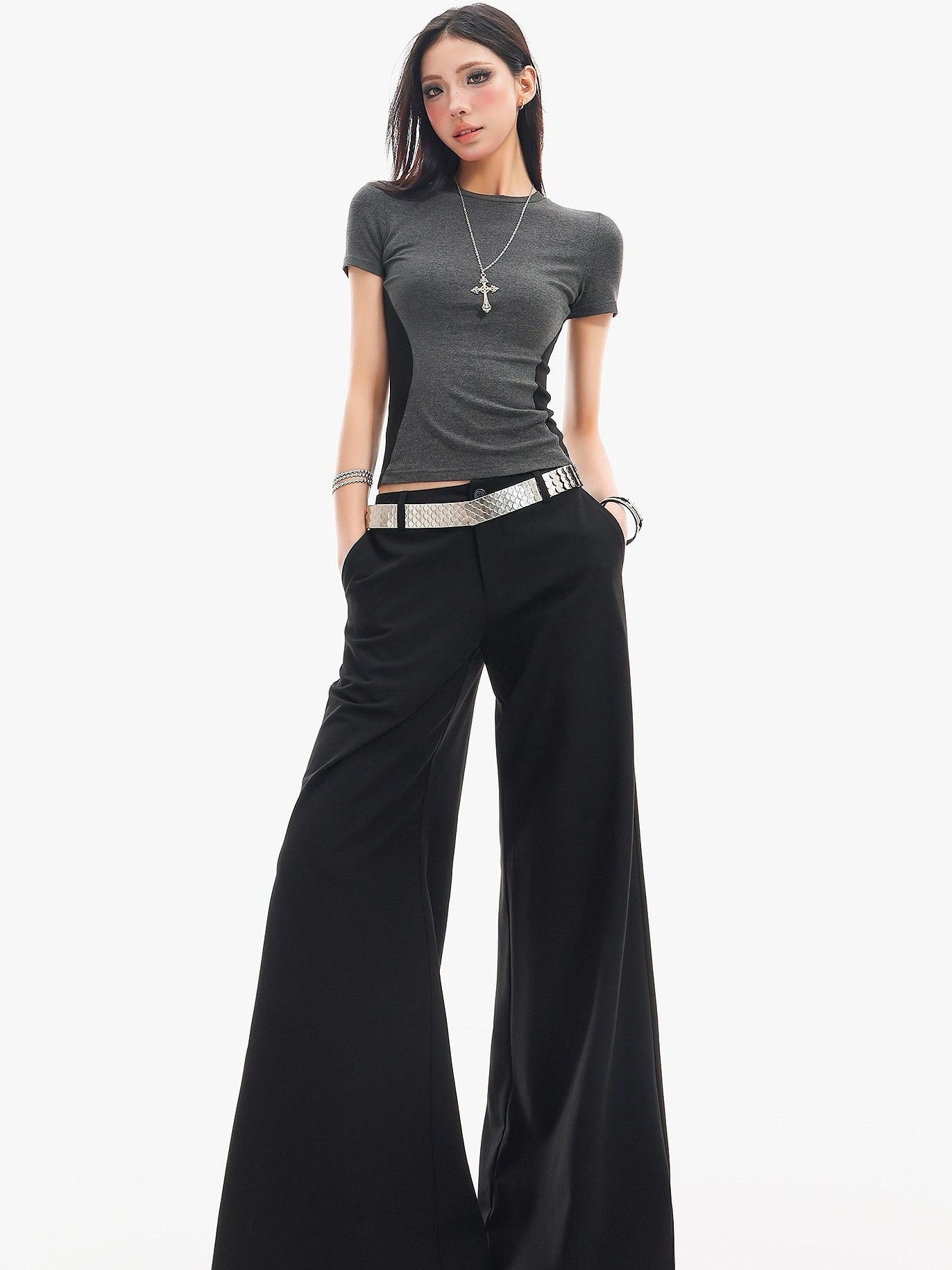 QIUQIU STUDIO Extra Long Slight Flare Loose Zipper Fly Solid Women&