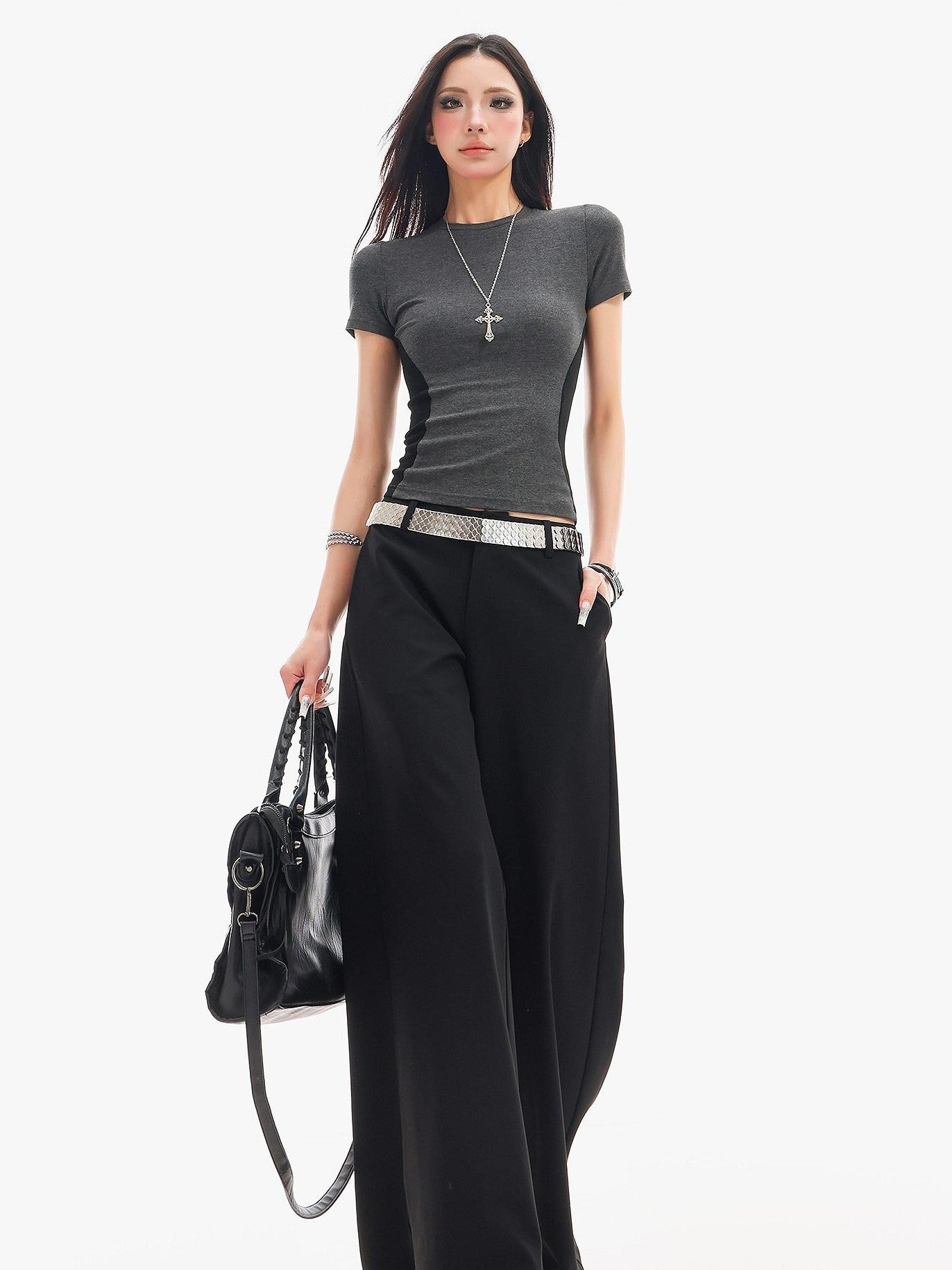 QIUQIU STUDIO Extra Long Slight Flare Loose Zipper Fly Solid Women&